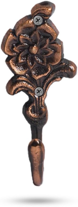 Multipurpose Hooks, Used to Hang Clothes, Bags, Coats, Curtain Hold Backs, Keys, Colour - Copper, Material - Brass, Flower Design, Screws and Wallplugs Included, Pack of 10 Pieces