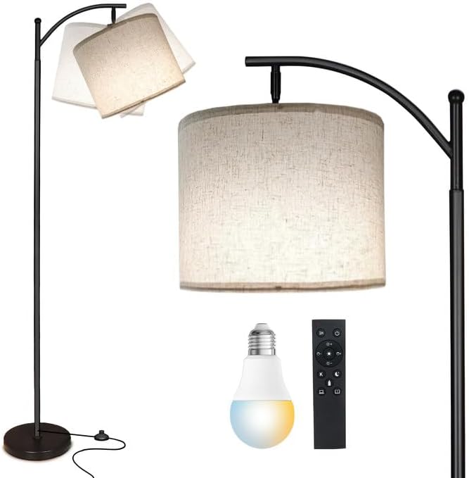 LED Floor Lamps for Living Room, 12W Modern Arc Floor Lamp with Remote & Adjustable Linen Lampshade, Stepless Dimmable Tall Standing Lamp for Bedroom Office Reading (Grey Shade)