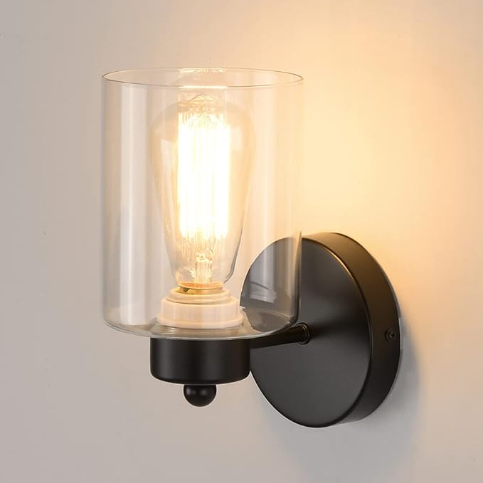 1-Light Bathroom Black Vanity Light Matte Black Wall Sconce Vintage with Clear Glass Shade, Hallway Light Fixture Sconces Wall Lighting
