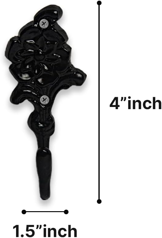 Multipurpose Hooks, Used to Hang Clothes, Bags, Coats, Curtain Hold Backs, Keys, Colour - Matt Black, Material - Brass, Flower Design, Screws and Wallplugs Included, Pack of 10 Pieces