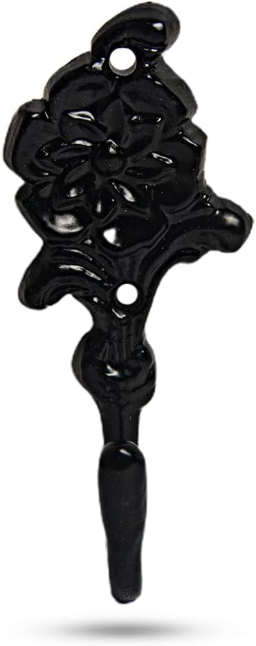 Multipurpose Hooks, Used to Hang Clothes, Bags, Coats, Curtain Hold Backs, Keys, Colour - Matt Black, Material - Brass, Flower Design, Screws and Wallplugs Included, Pack of 10 Pieces
