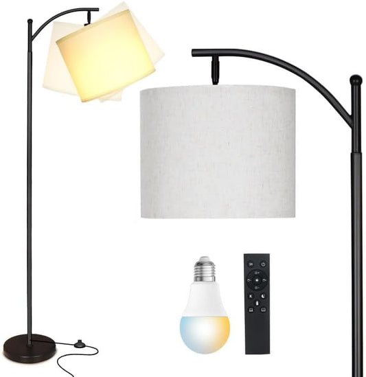 LED Floor Lamps for Living Room, 12W Modern Arc Floor Lamp with Remote & Adjustable Linen Lampshade, Stepless Dimmable Tall Standing Lamp for Bedroom Office Reading (White Shade)
