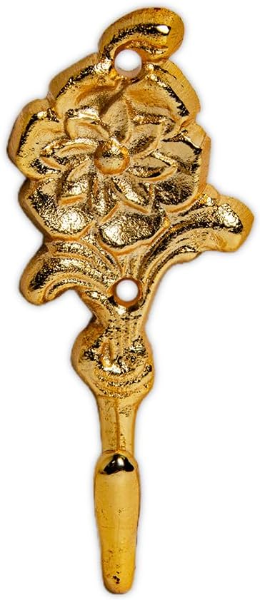 Multipurpose Hooks, Used to Hang Clothes, Bags, Coats, Curtain Hold Backs, Keys, Colour - Full Gold, Material - Brass, Flower Design, Screws and Wallplugs Included, Pack of 2 Pieces