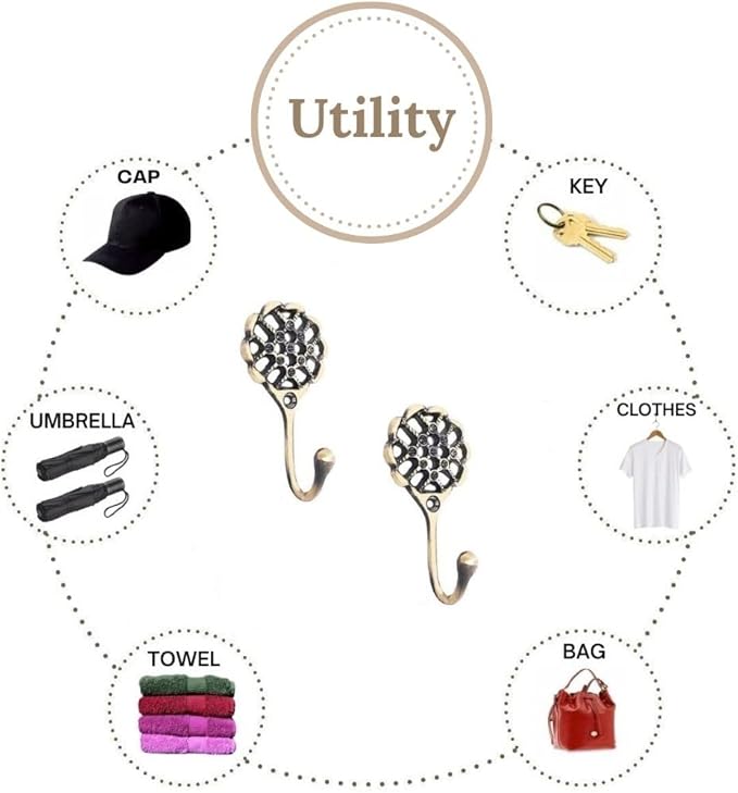 Multipurpose Hooks, Used to Hang Clothes, Bags, Coats, Curtain Hold Backs, Keys, Colour - Antique Gold, Material - Brass, Mesh Design, Screws and Wallplugs Included, Pack of 2 Pieces