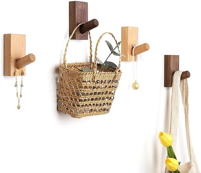 HomeDo 8Pack Adhesive Wall Hooks Hat Rack, Wooden Coat Hooks Wall Mounted, Decorative Single Organizer Hat Hanger Towel Rack, Heavy Duty Hooks (Rectangle-Walunt,8Pack)