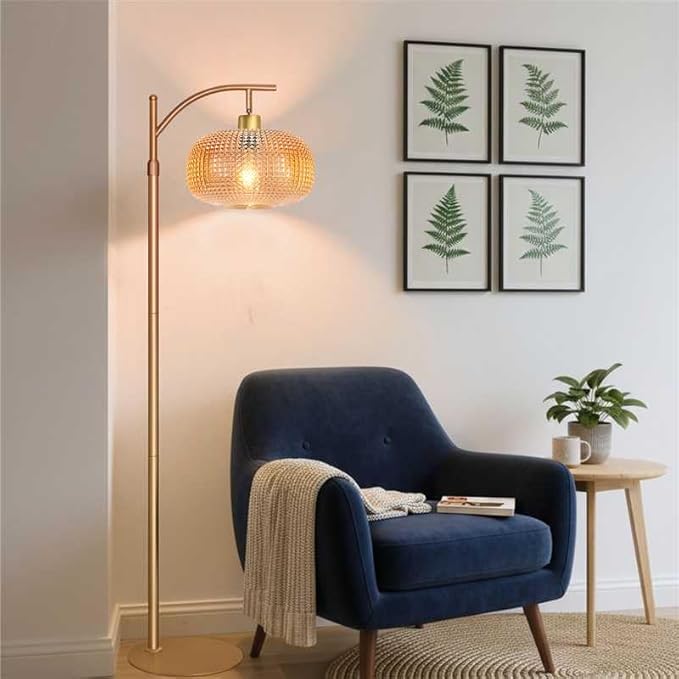 Glass Floor Lamp for Living Room with Amber Glass Lampshade, Dimmable Modern Floor Light with 12W LED Bulb, Remote Control Tall Standing Lamp for Bedroom