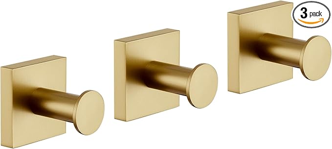 KOKOSIRI Bath Towel Hooks for Shower Wall Hanging Towels Bathroom Robe Hooks for Door Kitchen Closet Brushed Gold Stainless Steel 3 Pack, B1016BG-P3