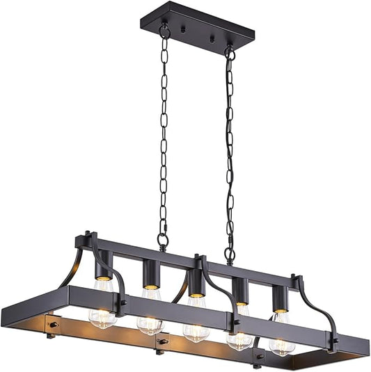 Indutstiral Black Chandeliers for Dining Room, 5-Light Farmhouse Rustic Light Fixtures Over Table, Modern Linear Rectangular Kitchen Island Ceiling Pendant Lighting