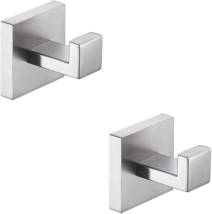 TASTOS Bath Towel Hooks Brushed Nickel, 2 Pack Stainless Steel Robe Coat and Clothes Hook, Heavy Duty Wall Hook for Bathroom & Kitchen, Modern Square Style Wall Mounted (Silver)