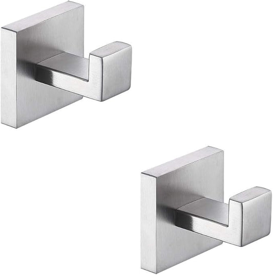 TASTOS Bath Towel Hooks Brushed Nickel, 2 Pack Stainless Steel Robe Coat and Clothes Hook, Heavy Duty Wall Hook for Bathroom & Kitchen, Modern Square Style Wall Mounted (Silver)