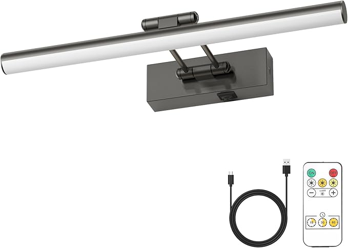 JUSHENG Battery Operated Picture Light with Remote and Timer, Wireless Art Light with Swing Arm, Rechargeable Gallery Lighting Display Light for Frame Artwork-Brushed Grey 16'' Inch