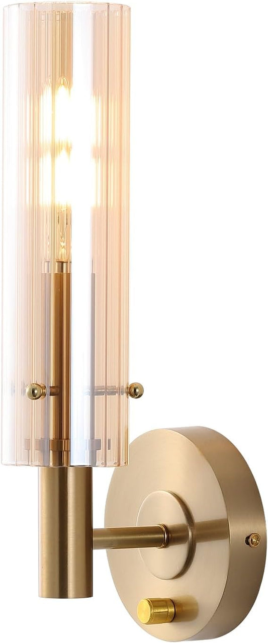 Modern Wall Sconces with Striped Amber Glass Shades Gold Brushed Brass Bathroom Vanity Light Fixtures Dimmer ON/Off Switch Indoor Wall Light for Mirror Living Room Bedroom Hallway Staircase
