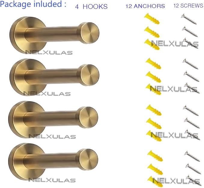 Golden Brushed Stainless Steel Single Heavy Duty Wall Mount Hook, Bath Towel Hooks, Robe Hooks, Coat Hanger, 4 PCS (6 inch)