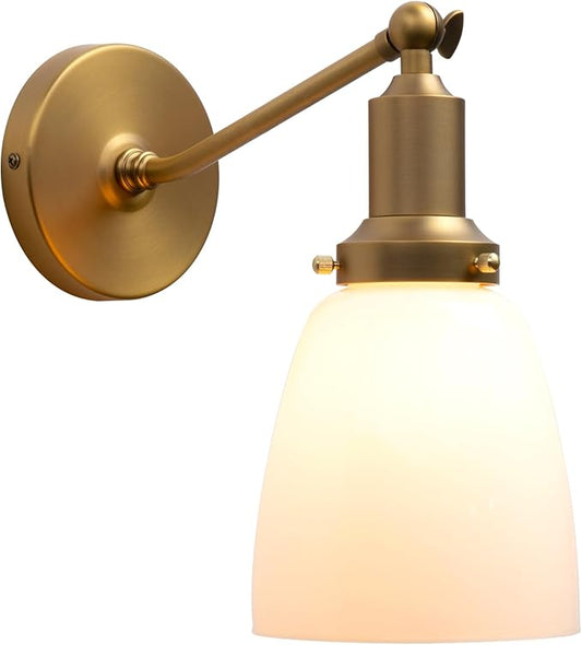 PERMO Industrial Vintage Slope Pole Wall Mount Single Sconce with 5.5" Oval Dome Milk White Glass Shade Wall Sconce Light Lamp Fixture (Antique)