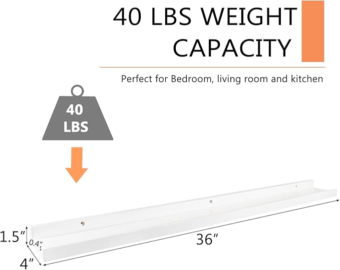 36 Inch Floating Shelves Wall Mounted, Solid Wood Wall Shelves for Decor and Storage, Picture Ledge Shelf for Bedroom/Bathroom/Living Room/Kitchen/Laundry Room, White Color, 36*4*1.5, 1 Pack