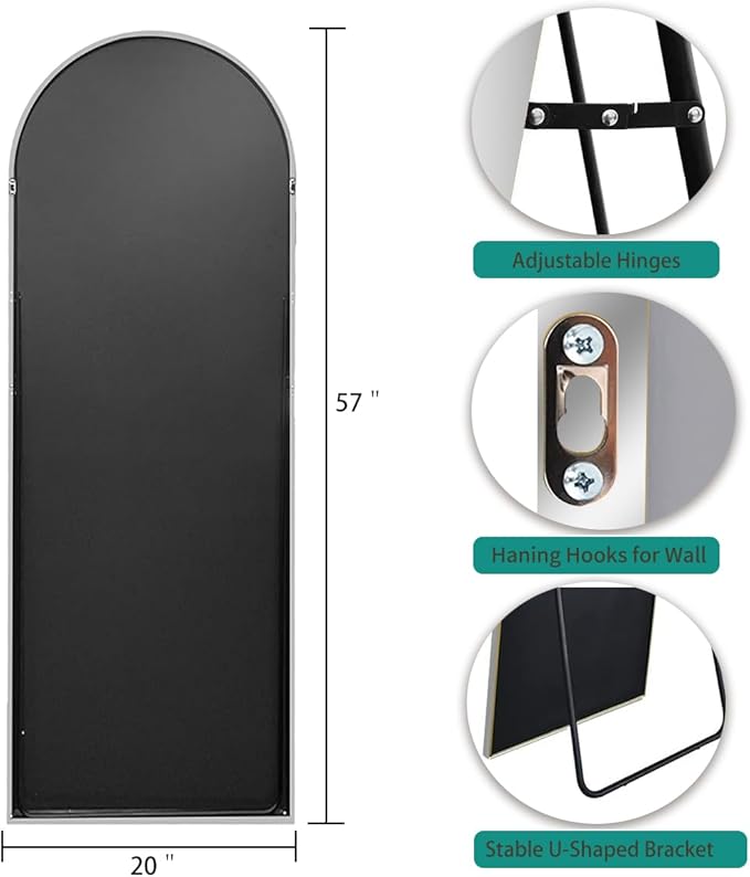 TinyTimes 57"x20" Arched Full Length Mirror, Full Floor Mirror with Stand, Large Full Body Mirrors, Wall Mirrors for Bedroom Living Room, Aluminum Frame (White)