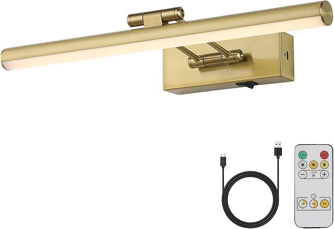JUSHENG Wireless Picture Light with Remote and Timer, Battery Operated Art Light with Swing Arm, Rechargeable Gallery Lighting Display Light for Frame Artwork-Golden Like Brass 16'' Inch
