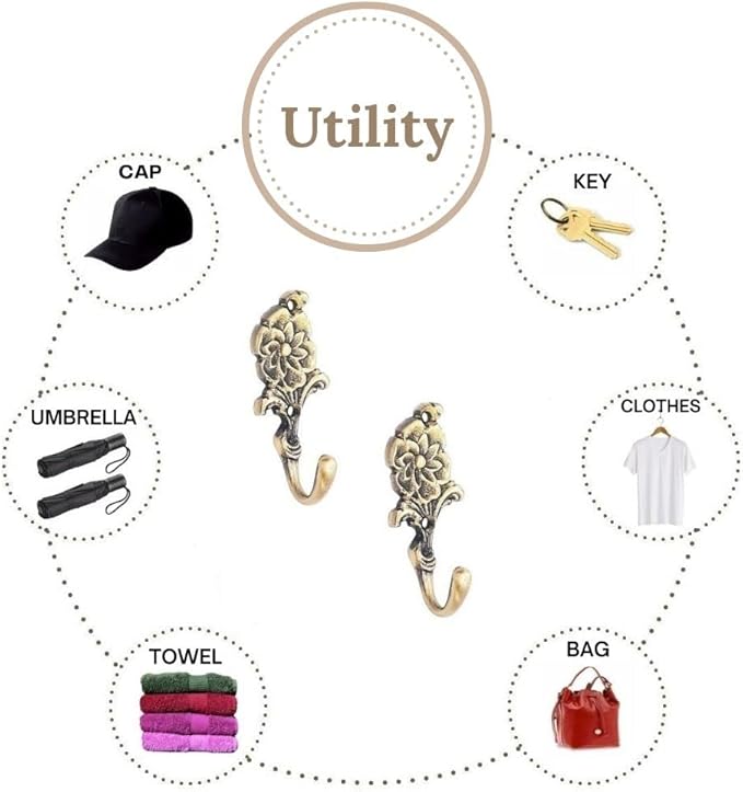 Multipurpose Hooks, Used to Hang Clothes, Bags, Coats, Curtain Hold Backs, Keys, Colour - Antique Gold, Material - Brass, Flower Design, Screws and Wallplugs Included, Pack of 2 Pieces