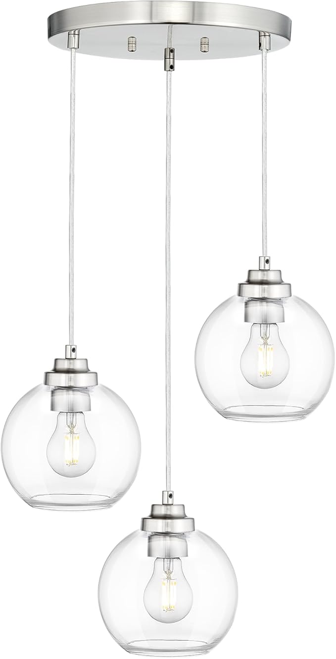 Globe Cluster Pendant Light, 3-Light Hanging Light Fixture with Brushed Nickel Finish, Clear Glass Kitchen Island Lighting for Dining Room Living Room Laundry Entrance Foyer, ZCPL101BN-3C