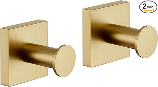 KOKOSIRI Robe Hooks for Wall Bath Towel Hook Holder for Door Shower Kitchen Closet Bathroom Accessories Brushed Gold Stainless Steel 2 Pack, B1016BG-P2