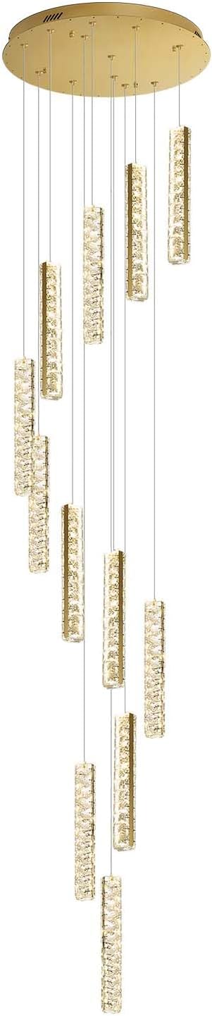 IDEQU Modern LED 120inch Long Spiral Staircase Crystal Chandelier High Ceiling Chandelier Lighting for Foyer Hallway 12-Light Gold Dimmable 2700K-6000K