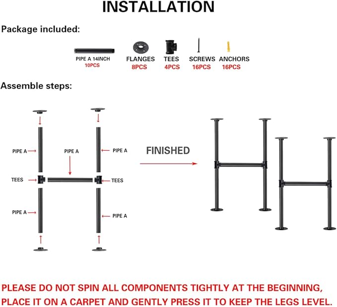 Industrial Pipe Table Leg Set,Metal Legs for Coffee and End Tables, Desks, Nightstand,2Pcs, 28" H × 14" W(Black)