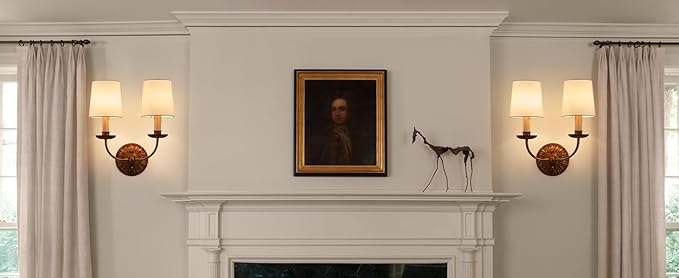 2-Lights Fabric Wall Sconces Antique Brushed Brass Wall Lights with Melted Candle Classic Mid Century Wall Lamp for Hallway Vanity Bedside Doorway, UL Listed