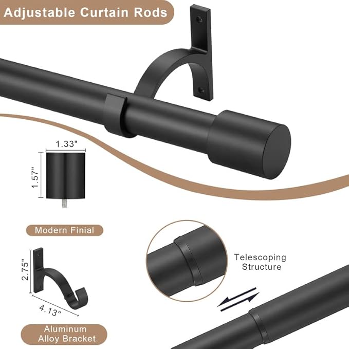 Matte Black Decorative Curtain Rods 28-50" with Cap Finials, Adjustable 1-Inch Window Treatment Rods