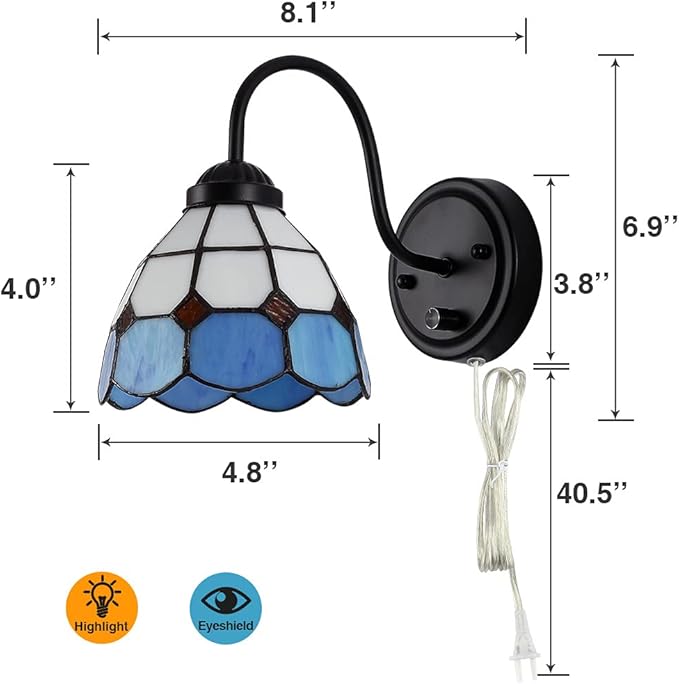 Tiffany Bedside Wall Mount Lamp with Dimmable Switch, Industrial Vintage Gooseneck Wall Sconce with Plug in Cord, Sea Blue Stained Glass Shade Wall Light Perfect for Bedroom, Living Room and Hotel