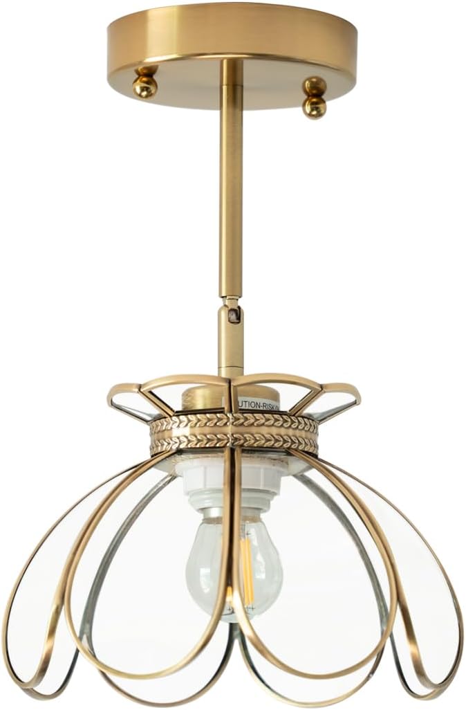 Brass Glass Wall Sconces Vintage Oriental Lotus Ceiling Light Fixture Flower Glass Shade for Kitchen Island Dining Room Bedroom Living Room, Emerald Mini Ceiling Wall Mount 2Way Light Fixture