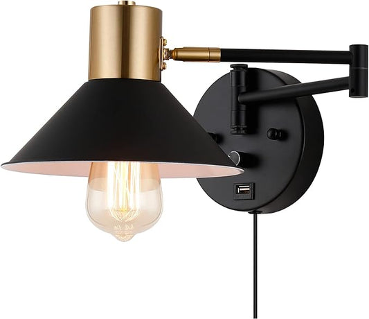 Swing Arm Wall Lamp Plug in Wall Sconces Adjustable Vintage Industrial Reading Light Bedside Wall Mount Light with Dimmable Switch and USB Port Black