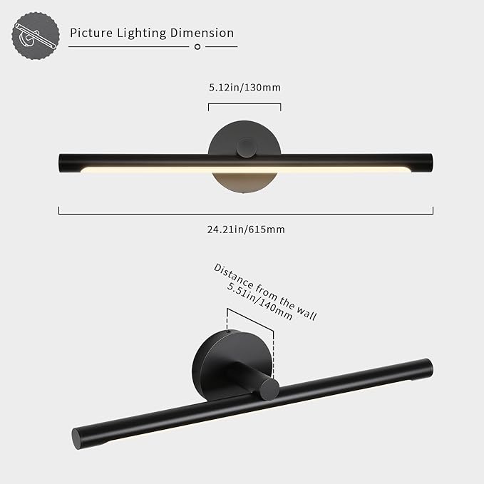 JUSHENG Black Picture Lights for Paintings Dimmable Gallery Light Hardwired LED Wall Art Lighting Display Artwork Lamps 24.21'' Inch 12W 3000K Warm White