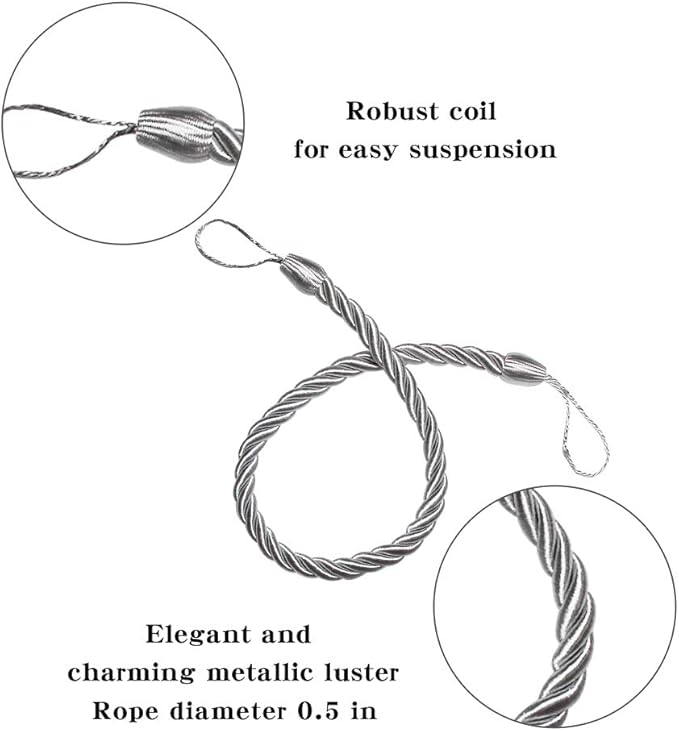 BEL AVENIR Curtain Rope Tiebacks, Drapery Rope Holdbacks with 4 Metal Screw Hooks, 2 Pair - Silver