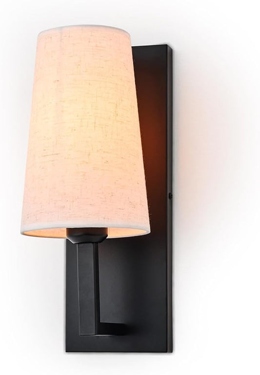Black Wall Sconces, Farmhouse Hardwired Wall Mounted Lamp with Linen Fabric Shade, Modern Indoor Textile Vanity Sconce Wall Lighting Reading Light Fixture for Bedside Bedroom Living Room Hallway