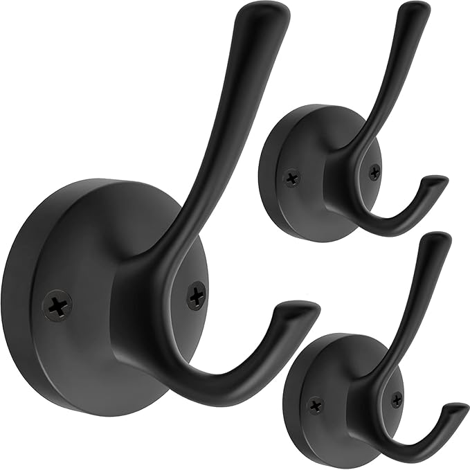 Black Wall Hooks Towel Hooks, 3 Pack Coat Hooks Robe Hook Heavy Duty Metal Double Bath Hook Wall Mounted, Hand Towel Hooks for Entryway Bathroom Kitchen Closet Garage