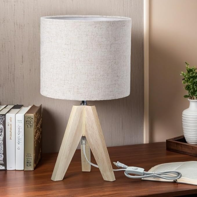 Tripod Table Lamp, Wooden Desk Lamp with Linen Beige Lampshade, 14.37 in Small Bedside Lamps, Birch Color Wooden E26 Base Lamps for Night Stands, Home, Office, Living Room, Dorm(Bohemian)