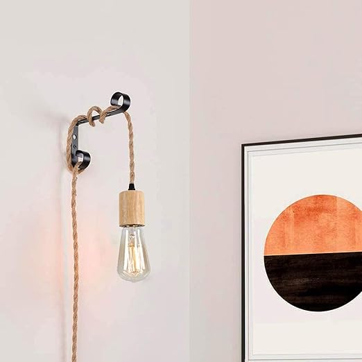 Arturesthome Wood Pendant Light Cord Kit with Switch, 23FT Vintage Industrial Hanging Light Plug in Lamp Cord with Twisted Nylon Rope Lights Socket E26 E27 for Farmhouse Lamp Cable Retro DIY