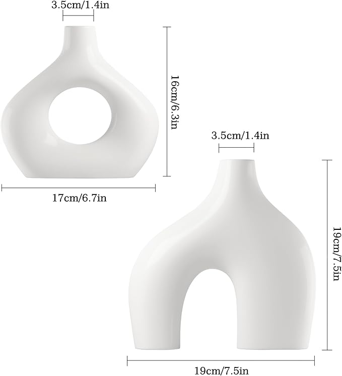 White Ceramic Vase Set of 2, Pampas Grass Vases for Home Decor, Hollow Round Boho Vases for Flowers, Nordic Minimalism Style vase for Living Room Bedroom Shelf Decor