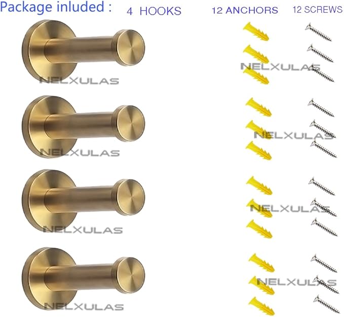 Golden Brushed Stainless Steel Single Heavy Duty Wall Mount Hook, Bath Towel Hooks, Robe Hooks, Coat Hanger, 4 PCS (4 inch)