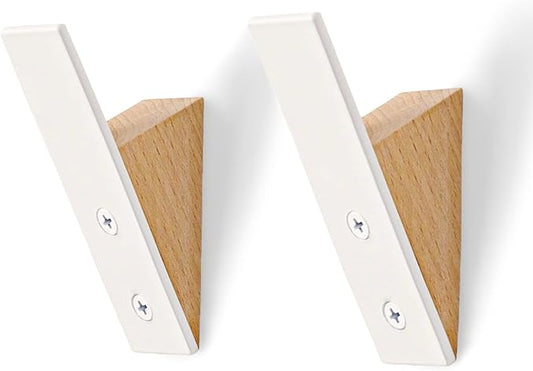 Homeforia Beech Wood Coat Hooks, High End Beech Wood & White Metal Wall Mounted Clothing Hooks, Mid-Century Modern Coat Hooks, Heavy Duty Wooden Hooks for Hanging Coats, Hats, Towels & More, Set of 2