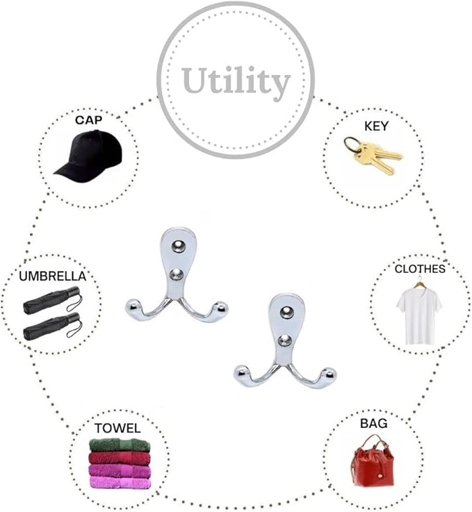 Multipurpose Hooks, Used to Hang Clothes, Bags, Coats, Curtain Hold Backs, Keys, Colour - Silver, Material - White Metal, Screws and Wallplugs Included, Pack of 10 Pieces