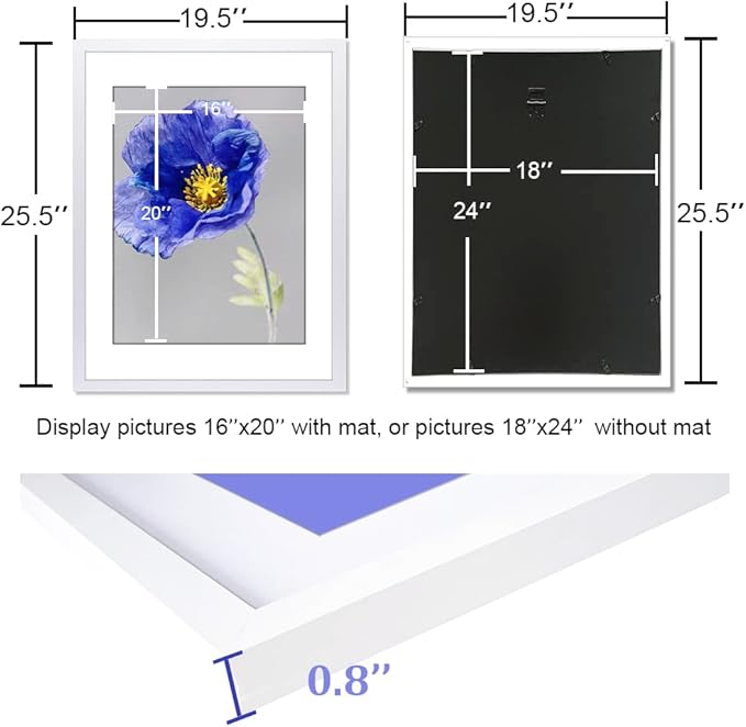 VNVNK 18x24 Frame White Picture frame-1 PCS, Perfect for 18x24 Inch Picture without Mat or 16x20 Inch Picture with Mat, Home Wall Decor Picture Frame