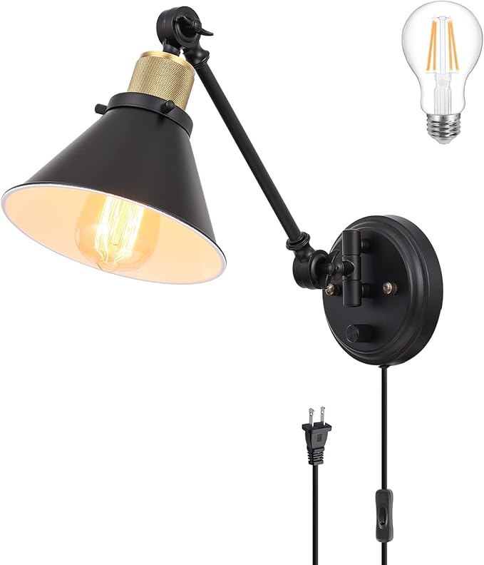 TRLIFE Wall Sconce Plug in, Dimmable Wall Sconce Wall Lights with Plug in Cord and Dimmer On/Off Knob Switch, Swing Arm Wall Light for Bedside Bedroom Stairway Living Room(1 Pack, 1 Bulb Included)