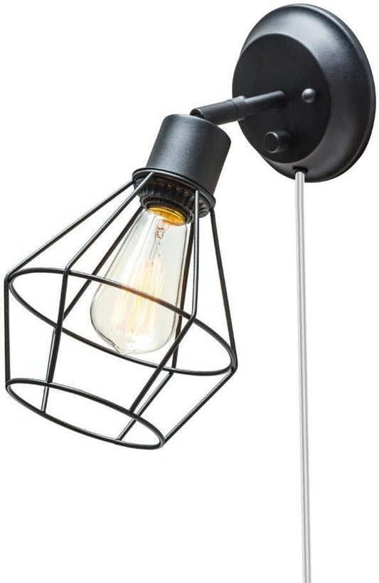 GLOBE Electric 65291 1-Light Plug-in or Hardwire Industrial Cage Wall Sconce, Matte Black Finish, On/Off Rotary Switch, 6ft Clear Cord, Wall Lights for Bedroom, Bulb Not Included