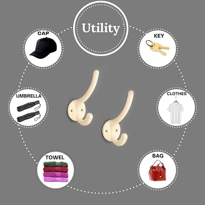 Multipurpose Hooks, Used to Hang Clothes, Bags, Coats, Curtain Hold Backs, Keys, Ivory Colour, Material - Aluminium, Screws and Wallplugs Included, Pack of 2 Pieces