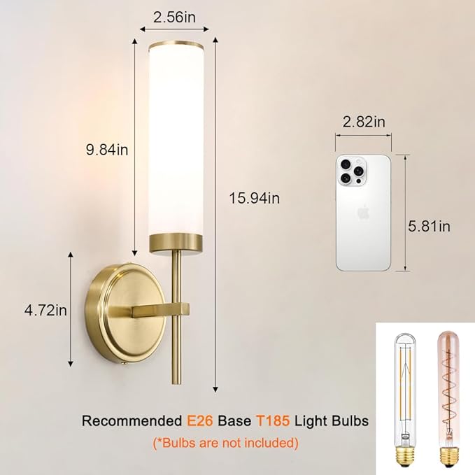 Gold Wall Sconces Set of 2, Modern Bathroom Sconces Wall Lighting with Opal White Glass, Vanity Light Fixtures for Bathroom, Brushed Brass Wall Mount Lights for Living Room Bedroom Hallway, Hardwired