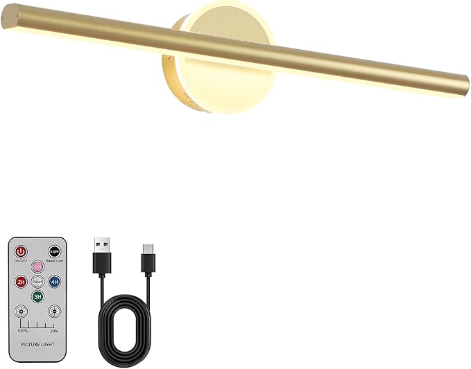 Picture Light, 16inches Picture Frame Light,5000mAh Battery Operated Picture Light with Remote,Rechargeable Picture Lights for Wall Painting,Gallery,Artwork,Portrait Gold