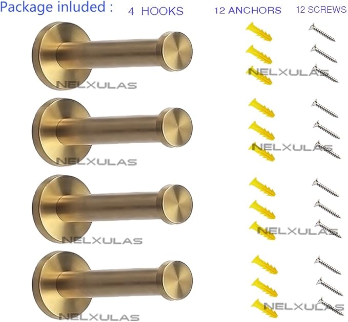 Golden Brushed Stainless Steel Single Heavy Duty Wall Mount Hook, Bath Towel Hooks, Robe Hooks, Coat Hanger, 4 PCS (8 inch)