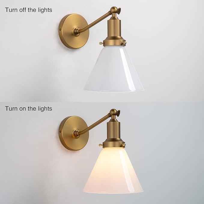 PERMO Industrial Vintage Slope Pole Wall Mount Single Sconce with Funnel Flared Milk White Glass Shade Wall Sconce Light Lamp Fixture