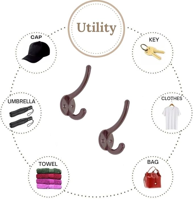 Multipurpose Hooks, Used to Hang Clothes, Bags, Coats, Curtain Hold Backs, Keys, Brown Colour, Material - Aluminium, Screws and Wallplugs Included, Pack of 2 Pieces